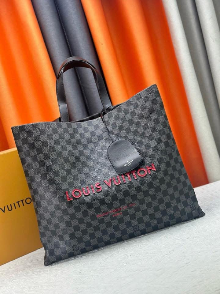 Black check with Red letters Tote