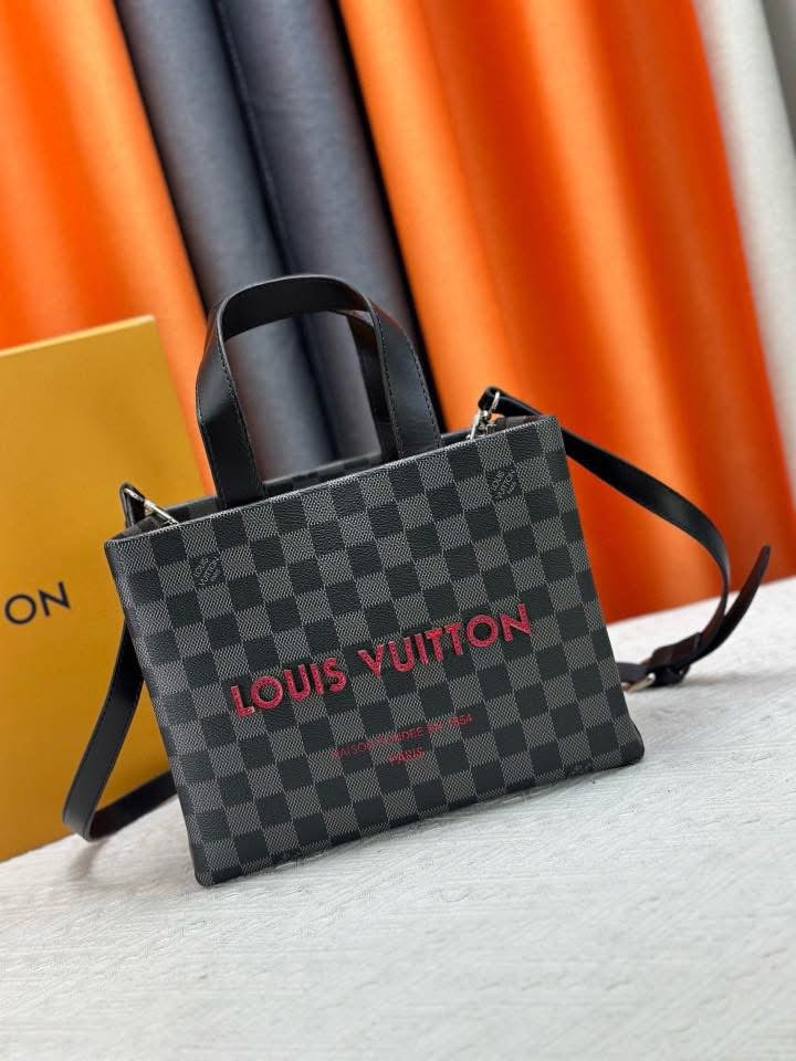 Black check with Red letters Tote
